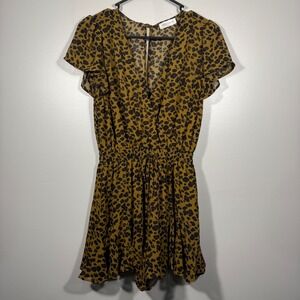 Vestique Leopard Print Romper Short Sleeve V Neck Drawstring Waist S